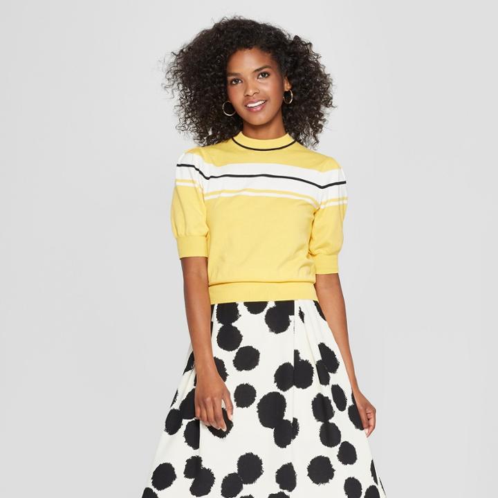 Women's Striped Short Puff Sleeve Crew Neck Sweater - Who What Wear Yellow Xs, Yellow