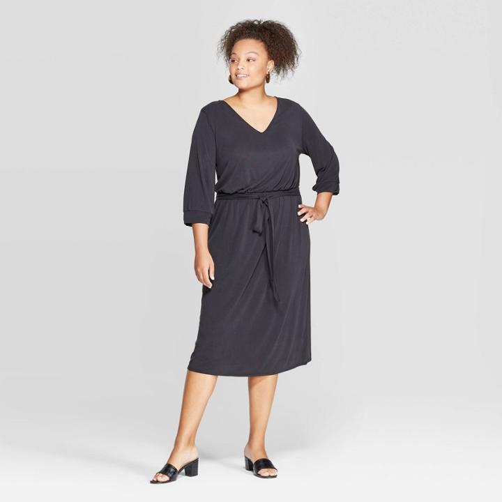 Women's Plus Size 3/4 Sleeve V-neck Sandwash Knit Dress - Ava & Viv Charcoal (grey)