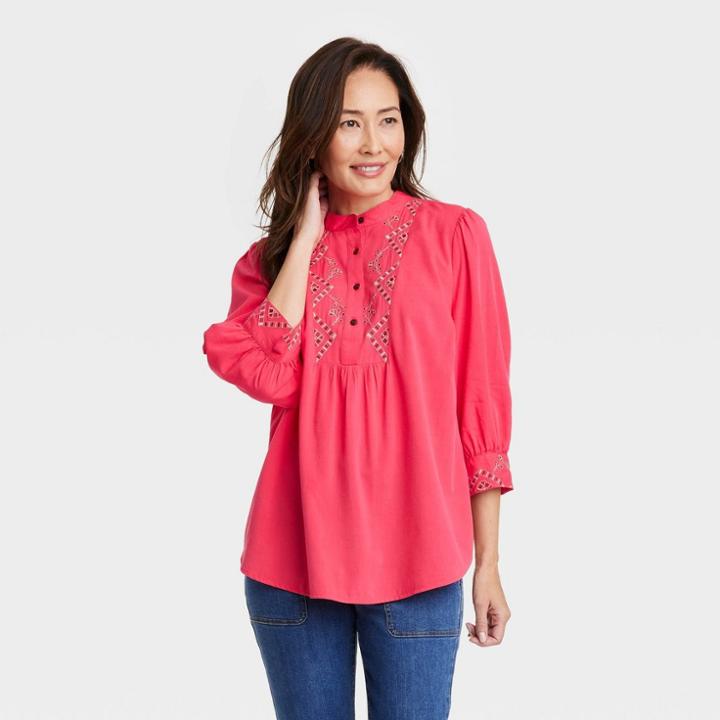 Women's Bishop 3/4 Sleeve Embroidered Blouse - Knox Rose Coral Pink