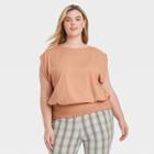 Women's Plus Size Short Sleeve Boat Neck Smocked Hem T-shirt - A New Day Brown
