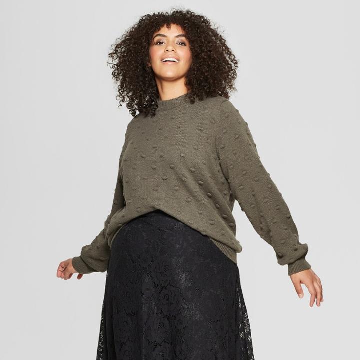 Women's Plus Size Long Sleeve Popcorn Stitch Crew - Who What Wear Olive (green)