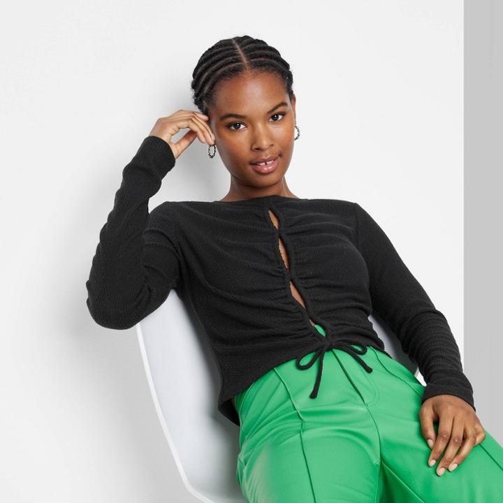 Women's Long Sleeve Lace-up Cozy Knit Blouse - Wild Fable Black