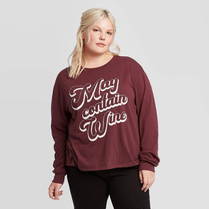 Women's Plus Size May Contain Wine Long Sleeve T-shirt - Zoe+liv - Burgundy 1x, Women's,