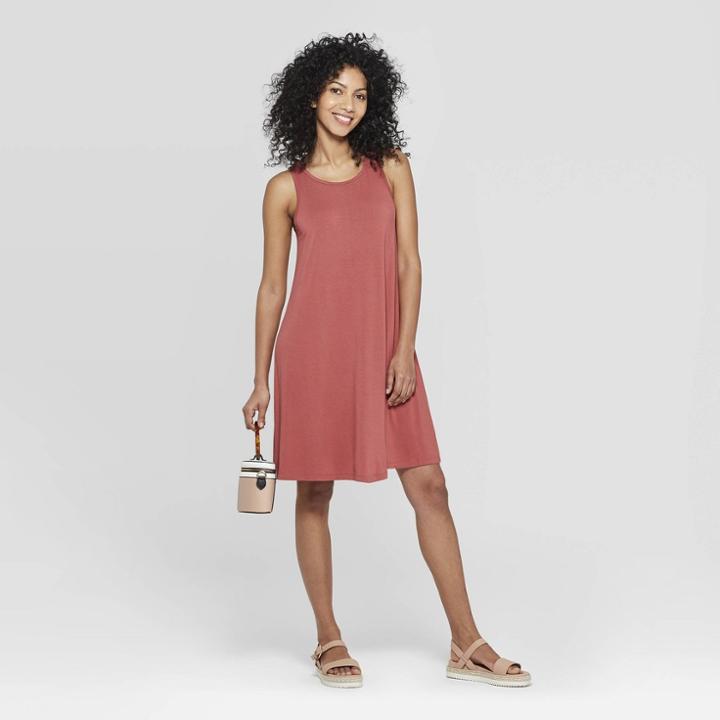 Women's Regular Fit Sleeveless Round Neck Knit Tank Dress - A New Day Rose (pink)