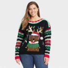 33 Degrees Women's Plus Size Holiday Puppy Graphic Pullover Sweater - Black