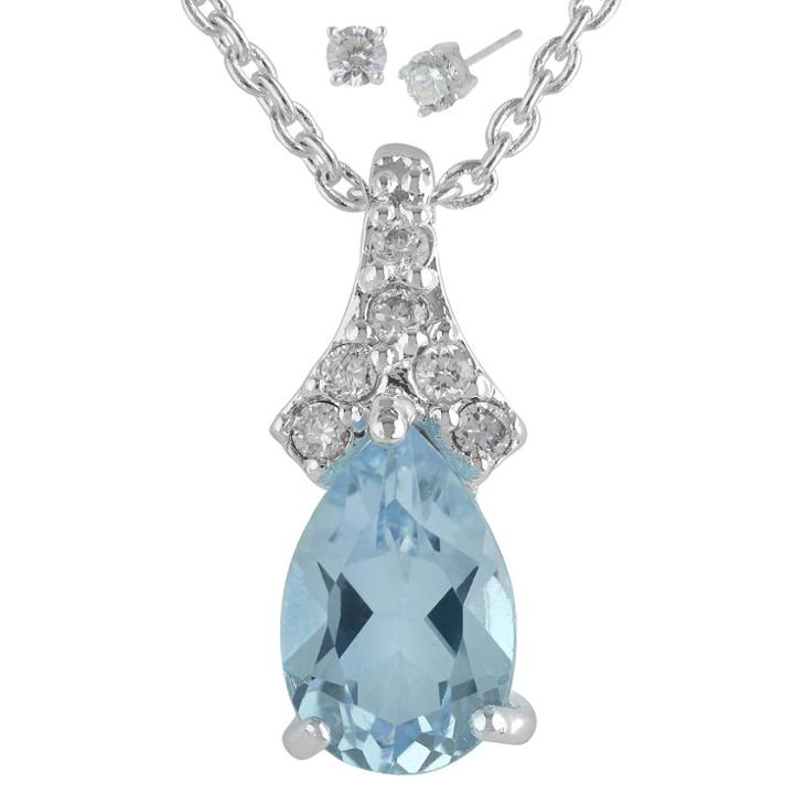 Target Women's Silver Plated Pendant Necklace With Pear Topaz Earring - Silver/blue