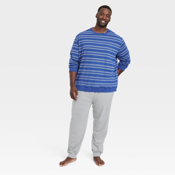 Men's Big & Tall Striped Long Sleeve Crew + Jogger Pajama Set - Goodfellow & Co Blue