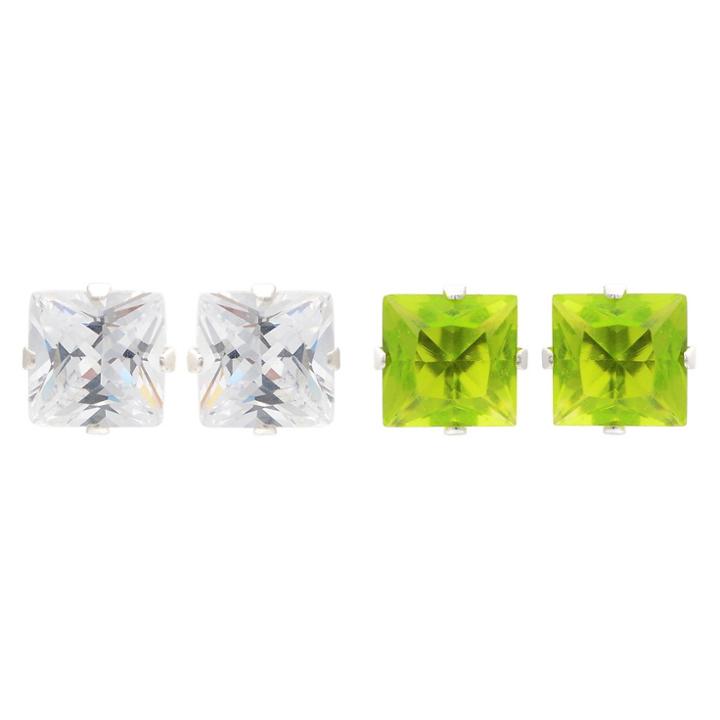 Journee Collection 4 1/2 Ct. T.w. Square-cut Cz Prong Set Stud Earrings Set In Sterling Silver - Light Green/white, Girl's