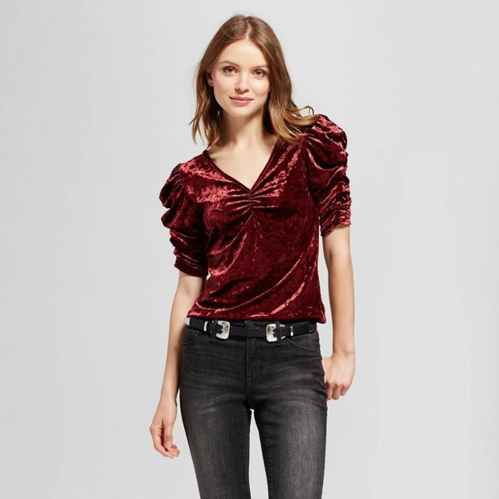 Women's Crushed Velvet Puff Sleeve Top - Mossimo Supply Co. Burgundy