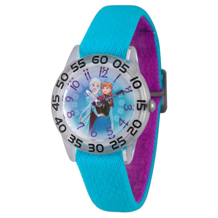 Girls' Disney Frozen Elsa And Anna Clear Plastic Time Teacher Watch - Blue, Girl's