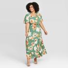 Women's Plus Size Floral Print Short Sleeve V-neck Tiered Maxi Dress - Ava & Viv Green X, Women's