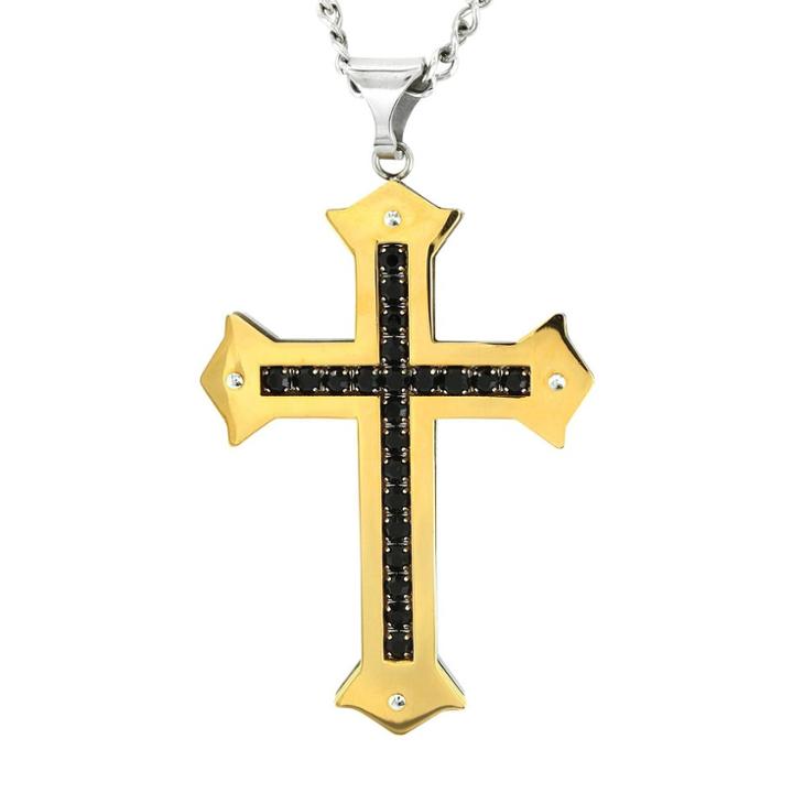 Men's Crucible Gold Plated Stainless Steel Black Cubic Zirconia Cross Pendant Necklace