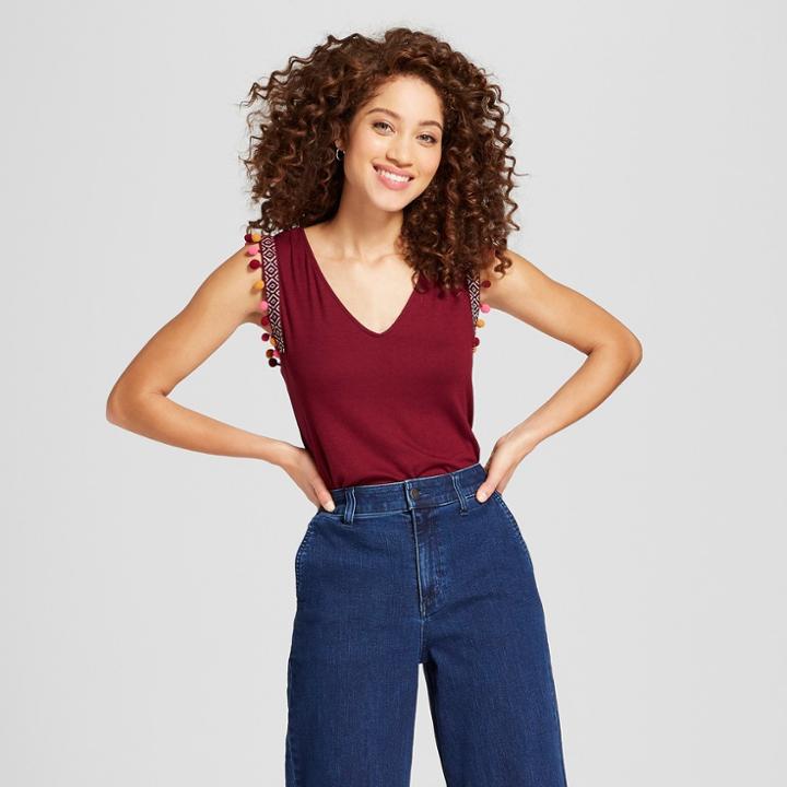 Women's Pom Pom Trim Tank - A New Day Burgundy