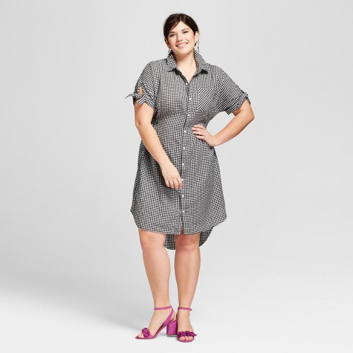 Women's Plus Size Gingham Short Sleeve Shirtdress - Ava & Viv Black