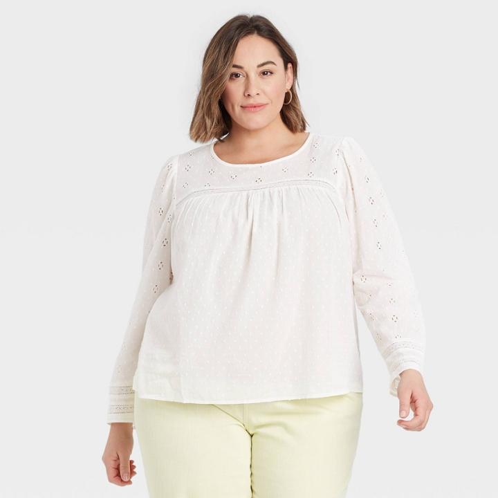 Women's Plus Size Puff Long Sleeve Eyelet Top - Universal Thread White