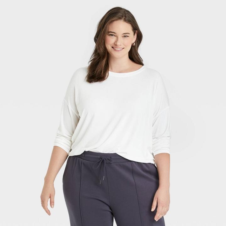 Women's Plus Size Long Sleeve Rayon Span T-shirt - A New Day White