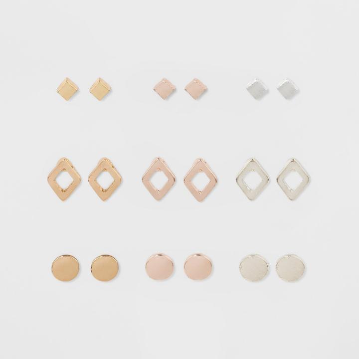 Target Nine Pack With Square Cubes, Round Discs And Open Diamond Earring Set,