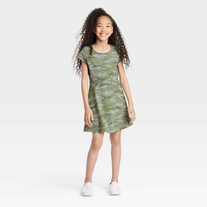 Girls' Printed Short Sleeve 100% Cotton Knit Dress - Cat & Jack Camo Green