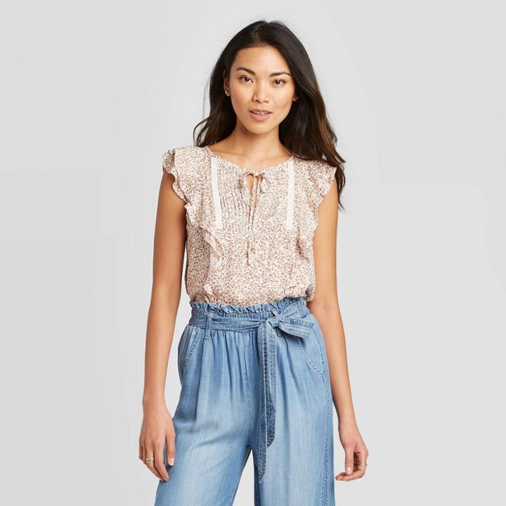 Women's Floral Print Flutter Sleeveless Blouse - Knox Rose Beige Xs, Women's, Pink
