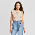 Women's Floral Print Flutter Sleeveless Blouse - Knox Rose Beige Xs, Women's, Pink