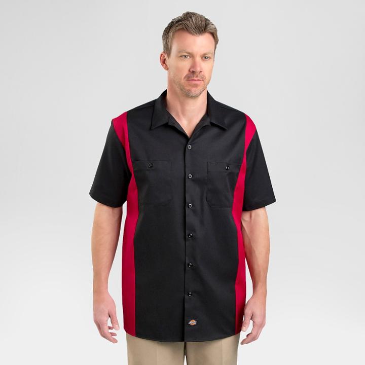 Petitedickies Men's Relaxed Fit Two-tone Twill Short Sleeve Work Shirt- Black/english Red M,