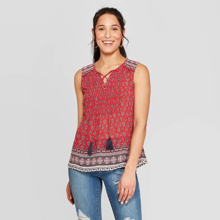 Women's Printed Sleeveless V-neck Tank Top With Smocking And Tassels - Knox Rose Red
