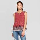 Women's Printed Sleeveless V-neck Tank Top With Smocking And Tassels - Knox Rose Red