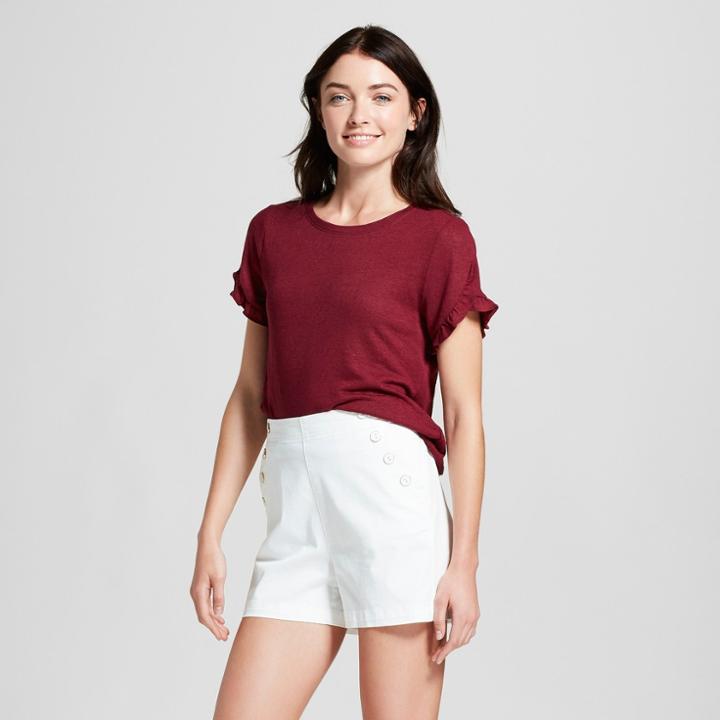 Women's Short Sleeve Ruffle T-shirt - A New Day Burgundy (red)