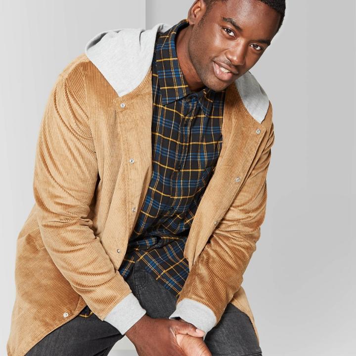 Men's Big & Tall Casual Fit Long Sleeve Corduroy Hooded Shirt Jacket - Original Use Dapper Brown