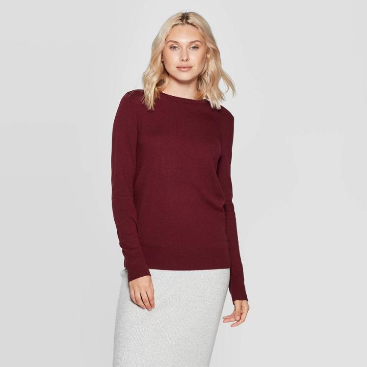 Women's Long Sleeve Ribbed Cuff Crewneck Pullover Sweater - A New Day Burgundy Xl, Women's, Red