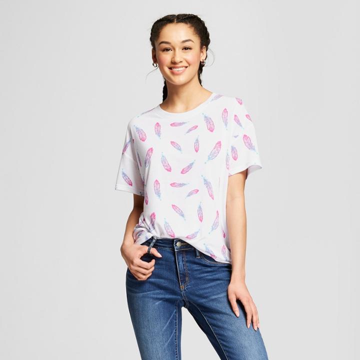 Women's Feather Print Short Sleeve T-shirt - Modern Lux (juniors') White
