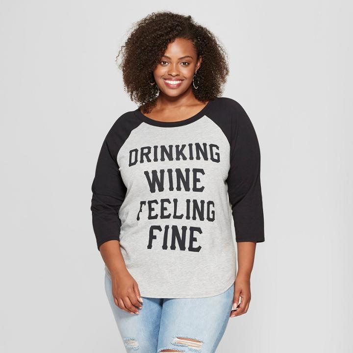 Women's Plus Size 3/4 Sleeve Drinking Wine Feeling Fine Raglan T-shirt - Freeze Gray/black