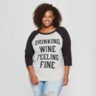 Women's Plus Size 3/4 Sleeve Drinking Wine Feeling Fine Raglan T-shirt - Freeze Gray/black