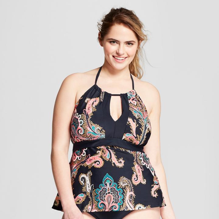Surfside Women's Plus Size Paisley Halter Tankini - Navy