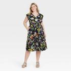 Women's Plus Size Floral Print Flutter Sleeve Tiered Dress - Ava & Viv Black