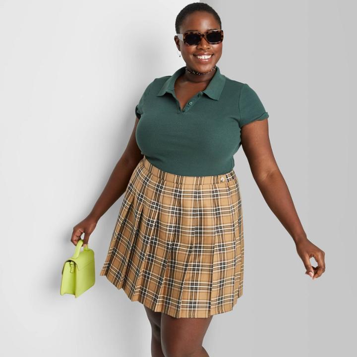 Women's Plus Size Woven Tennis Mini A-line Skirt - Wild Fable Tan Plaid