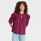Women's Puff Short Sleeve Tie Neck Blouse - Universal Thread Burgundy Floral