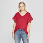 Women's Short Sleeve V-neck Ruffle Blouse - Knox Rose Crimson (red)