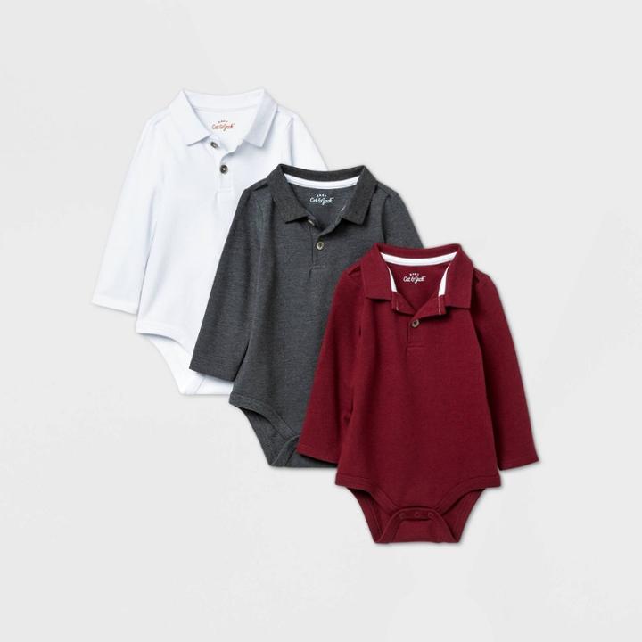 Baby Boys' 3pk Long Sleeve Polo Bodysuit - Cat & Jack White/maroon/charcoal