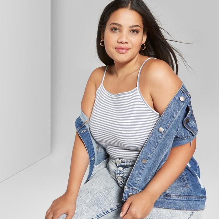 Women's Striped Plus Size Square Neck Waffle Cami - Wild Fable Blue/white