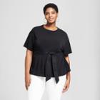 Women's Plus Size Knit Woven Tie Short Sleeve T-shirt - Ava & Viv Black X