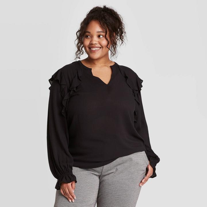Women's Plus Size Long Sleeve Romantic Ruffle Blouse - A New Day Jet Black