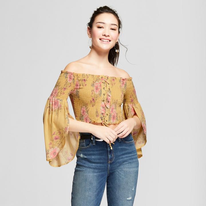 Women's Floral Print Long Sleeve Smocked Lace-up Cropped Top - Xhilaration Golden