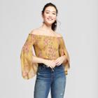 Women's Floral Print Long Sleeve Smocked Lace-up Cropped Top - Xhilaration Golden