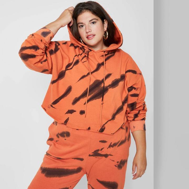Women's Plus Size Cropped Hoodie - Wild Fable Orange Tie-dye