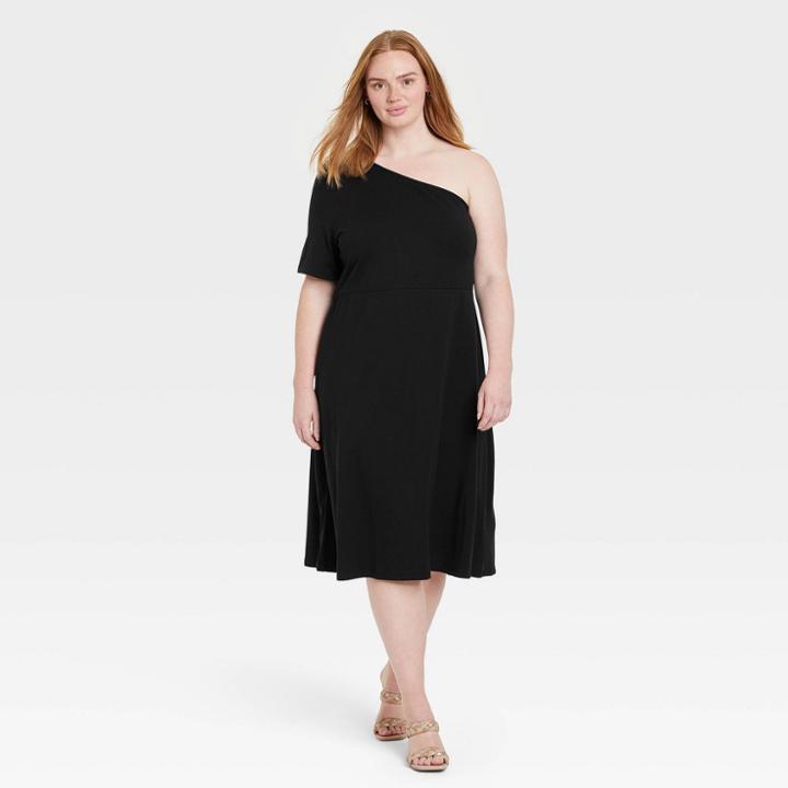 Women's Plus Size Elbow Sleeve One Shoulder Knit Dress - Who What Wear Black