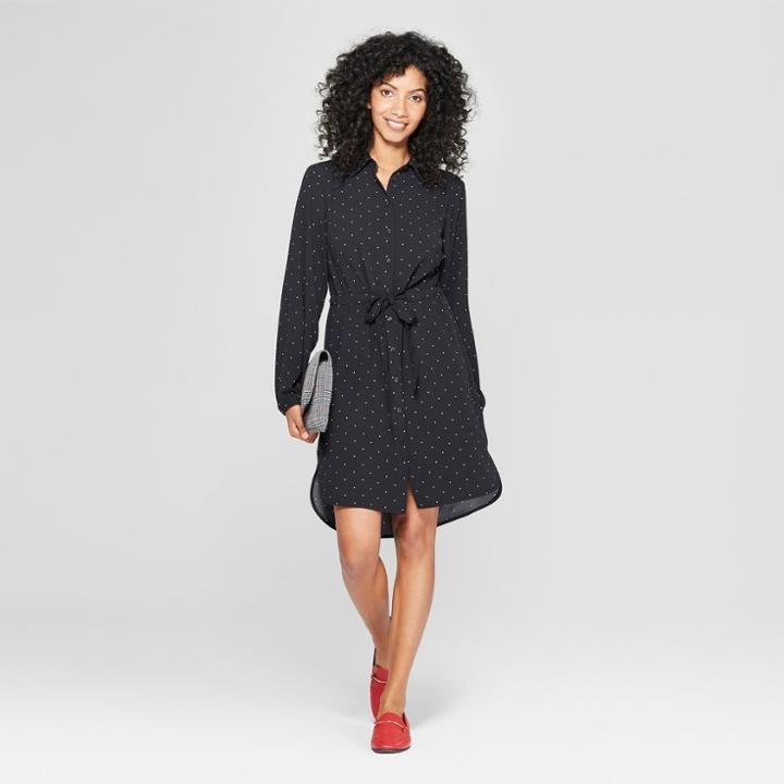 Women's Polka Dot Long Sleeve Shirtdress - A New Day Black