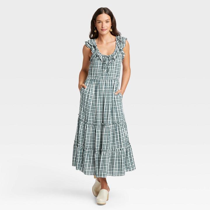 Women's Ruffle Sleeveless Tiered Dress - Universal Thread Green Checkered