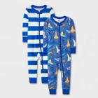 Baby Boys' 2pk Space Ship & Striped Tight Fit Pajama Romper - Cat & Jack Blue