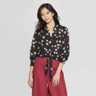 Women's Floral Print Long Sleeve Knotted Waist Button-down Shirt - Who What Wear Black